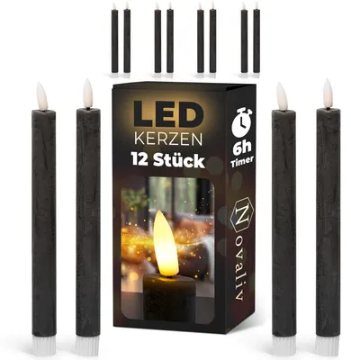 Obrázek produktu pro LED tyčkové svíčky s časovačem, ČERNÉ, 12 kusů, do interiéru, 6 hodin, PRAVÉ VOSKOVÉ, výška 24 cm, pro svíčky o průměru 2,2 cm, vyžadují 2 baterie AAA, LED tyčkové svíčky, sada 4 kusů, ČERNÉ (třikrát), pohyblivý plamen