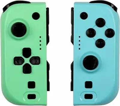 Two gaming controllers, one green and one blue, are shown side-by-side against a white background.