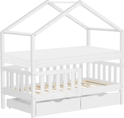 Produktbild von ML-Design Kinderbett Hausbett 70x140 cm Weiß mit Matratze H:10cm, 2 Schubladen Rausfallschutz Lattenrost und Dach Spielbett aus Kiefernholz Bodenbett