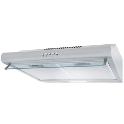A silver range hood mounted against a white background.