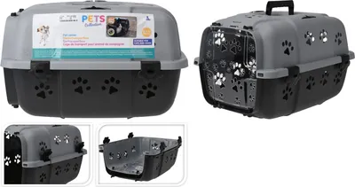 A collage of images showing a pet carrier from different angles, including a close-up of its interior and a front view with packaging.