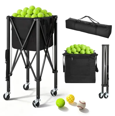 Produktbild von Tennisballwagen - Faltbarer Tennisballkorb für 150 Tennisbälle - Aluminiumrahmen - Tragetasche - Rollen - Für Training und Aufbewahrung - Schwarz