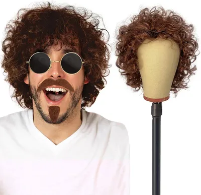 Produktbild von Lockige Perücke für Männer, braun, mit Schnurrbart und Sonnenbrille, für Party, Karneval
