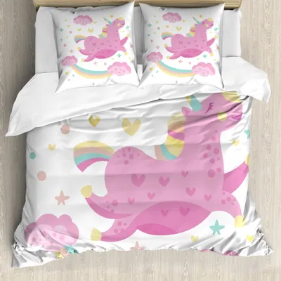 Produktbild von ABAKUHAUS Einhorn Bettbezugs Set Für Doppelbetten, Einhorn mit Stern Rainbow, Milbensicher Allergiker geeignet mit Kissenbezügen, Rosa Gelb