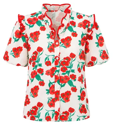 Produktbild von Leichte Damen Bluse mit kurzen Puffärmeln, Rüschenkragen, floralem Print, rot, Größe S