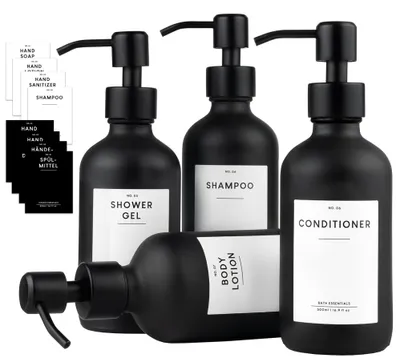Image de Lot de 4 distributeurs de savon en verre noir mat | Flacons de shampoing rechargeables | Distributeur de 250 ml pour liquide vaisselle | Distributeur à pompe en acier inoxydable | Flacon à pompe + autocollant