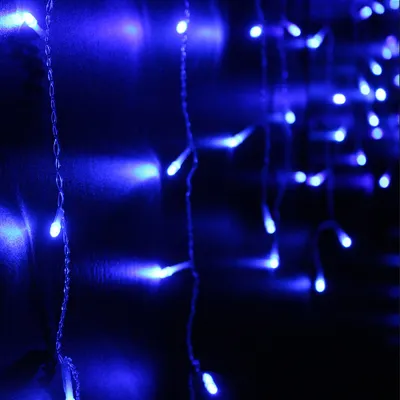 Close-up of blue string lights against a dark background.