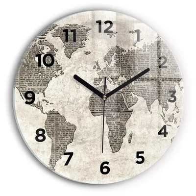 Produktbild von Wallfluent Wanduhr – Stilles Quarzuhrwerk - Uhr Dekoration Wohnzimmer Schlafzimmer Küche - Zifferblatt - schwarze Zeiger - 30 cm - Weltkarte Zeitung