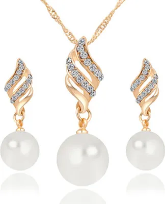 Produktbild von Frauen Hochzeit Strass Faux Perle Spirale Anhänger Halskette Ohrringe Schmuck-Set