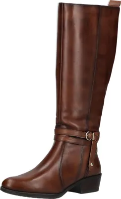 A single brown leather boot is shown against a white background.