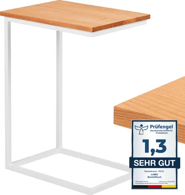 Produktbild von LAMO Manufaktur Beistelltisch | Laptoptisch | Sofatisch | mobiler Kaffeetisch | Nachttisch | 50x35x67 cm | Gestell Weiß | 100% Echtholz Massiv Platte farbe: Natur