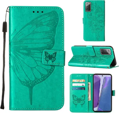 Produktbild von Galaxy Note 20 4G Hülle, Schmetterling Prägung Flip Leder Kartenfächer Schutzhülle Ledertasche mit Ständer für Samsung Galaxy Note 20 4G / 5G Grün