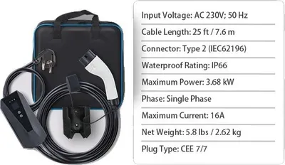 Obrázok produktu pre Prenosná nabíjačka EV, pripojenie typu 2, výkon 3,68 kW, dĺžka kábla 7,6 m, LCD displej 3,68 kW