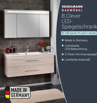 Produktbild von FACKELMANN Spiegelschrank B.CLEVER / dreitürig / Spiegelschrank mit gedämpften Scharnieren / Maße (B x H x T): ca. 120 x 71 x 16 cm / hochwertiger Spiegelschrank / Möbel fürs Bad / Korpus: Braun hell
