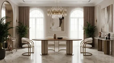 Immagine prodotto di Set da pranzo beige-marrone: grande tavolo da pranzo, 4 sedie, mobili da pranzo