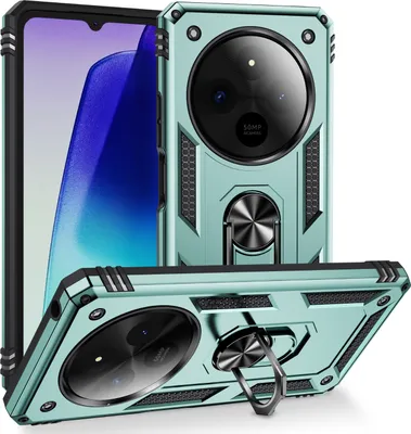 Produktbild von Schutzhülle für Xiaomi Redmi 14C Dual Layer Robust Militäre Fallschutz Hülle mit Ringhalterung Ständer Grün