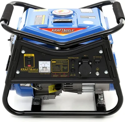 A blue and black generator is shown from the front.