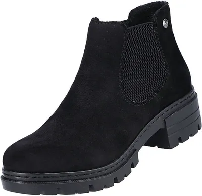 A black Chelsea boot with a chunky sole is shown against a white background.