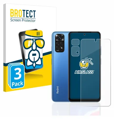 A product shot of screen protectors for a Xiaomi Redmi Note 11, with packaging and a phone.