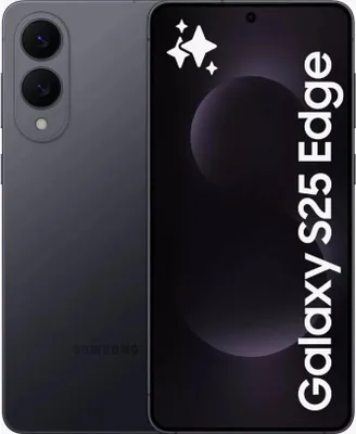 A marketing image of a Samsung Galaxy S25 Edge smartphone, showing both the front and back of the device.