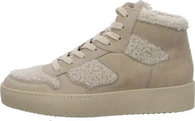 A side view of a beige high-top sneaker with cream-colored sherpa accents.