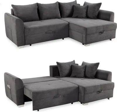Produktbild von Ecksofa L-Form Couch Polsterecke Schlaffunktion Bettkasten Cord Dunkelgrau / 15202