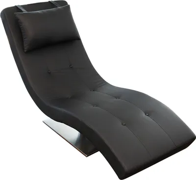 A black leather chaise lounge with a metal base and a headrest.