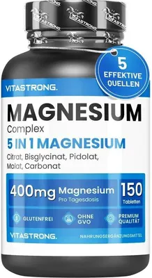 Produktbild von Vitastrong Magnesium 5-in-1 Komplex – 400mg – 150 Tabletten – Glycinat, Citrat, Carbonat & Malat – Energie, Muskel- & Knochengesundheit – GMO-frei