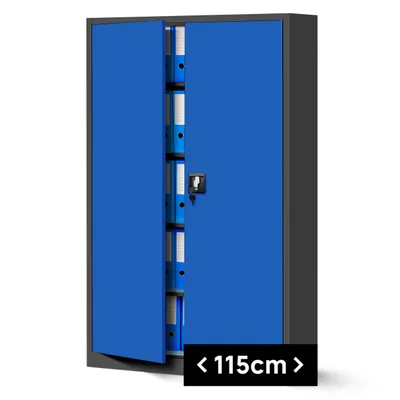 A blue metal filing cabinet with its doors open, showing folders inside.