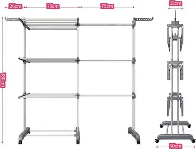 Produktbild von Famanu Wäscheständer 3 Etagen mit 6 klappbaren Flügeln - ausziehbar, 66-130 cm