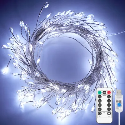 A coiled string of white LED lights with a remote control and USB connector.