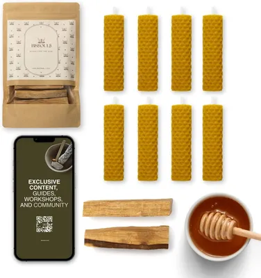 Immagine prodotto di 8 candele di cera d'api, 100% cera d'api, più 2 bastoncini di Palo Santo come candele regalo per rituali, meditazione e purificazione spirituale
