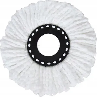 A top-down view of a white mop head with a black center attachment.