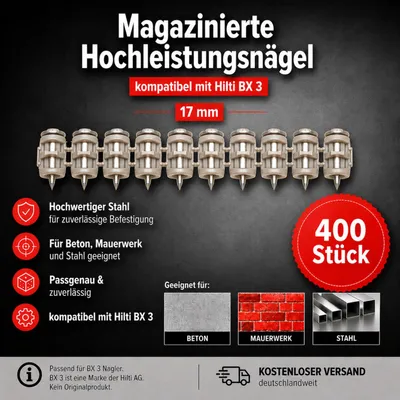 Immagine prodotto di Chiodi in acciaio e cemento da 17 mm, confezione da 400 pezzi, compatibili con il sistema di fissaggio per muratura Hilti BX 3