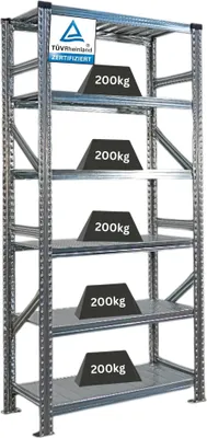 Produktbild von Fachbodenregal PROXIMO mit Stecksystem | Grundregal | HxBxT 210x90x50cm | 6 Ebenen | Beidseitig nutzbar | Verzinkt