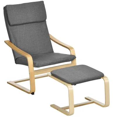 Productafbeelding van Fauteuil met voetenbankje, fauteuilset, linnenlook, massief hout, grijs + naturel