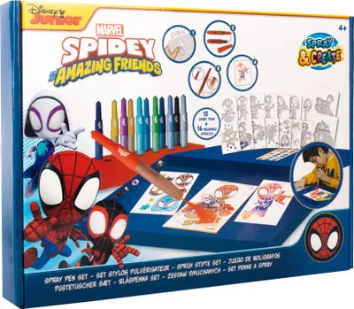 Zdjęcie produktu dla Marvel - Spidey i jego niesamowici przyjaciele - Zestaw pisaków w sprayu - Kolorowanki dla dzieci - Zestaw do rysowania z kolorowymi pisakami i szablonami do rysowania