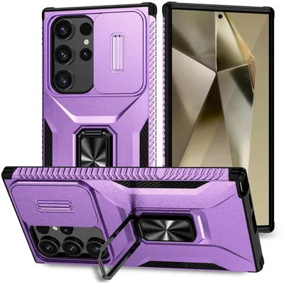 Produktbild von Handyhülle für Samsung Galaxy S25 Ultra Dual Layer Hülle mit Schiebe Kamera Schutz und Ringhalter Ständer Lila