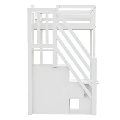 Produktbild von Flieks Etagenbett 90x200cm mit Stauraumtreppe, Hochbett Jugendbett mit Schrank und Schubladen, Kinderbett Einzelbett mit Rausfallschutz, Weiß