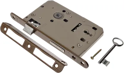 A lock mechanism, a strike plate, a screw, and a key are laid out on a white background.