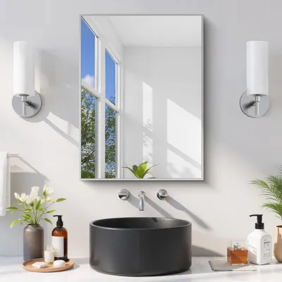 Immagine prodotto di Specchio da parete rettangolare, dimensioni 45,7 x 61 cm, con cornice in metallo argentata, ideale per bagno, soggiorno o ingresso