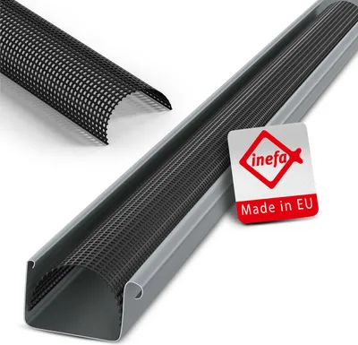 A gutter guard product is shown in a studio shot with a close-up of the product and a separate piece of the product.