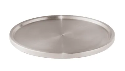 A round, metallic tray with a brushed finish, presented on a white background.