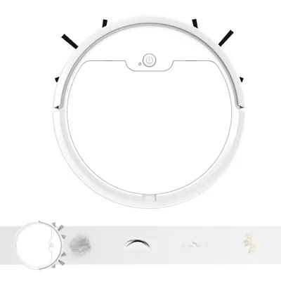 A top-down view of a white robotic vacuum cleaner on a white background, with a strip below showing the cleaning process.