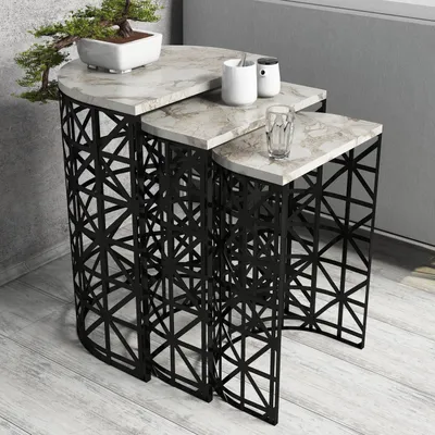 Produktbild von Skye Decor, Stil - White Marble, Satztisch (3 Stück), Weiß, 100 % MELAMINBESCHICHTETE SPANPLATTEN, 46 x 33 x 62 cm