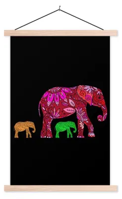 Produktbild von MuchoWow® Textilposter Elefant - Tiere - Muster - Blumen 60x90 cm mit holzfarbenen Rahmen - Textil
