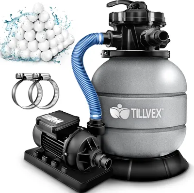 Produktbild von tillvex® pieskový filtračný systém bazén 7.900L/h vrátane 400g filtračných guľôčok šedej farby | filtračný systém 7-cestný ventil a adaptér 2v1 Ø32mm - 38mm | bazénový filter s indikátorom tlaku | pieskový filter pre bazény