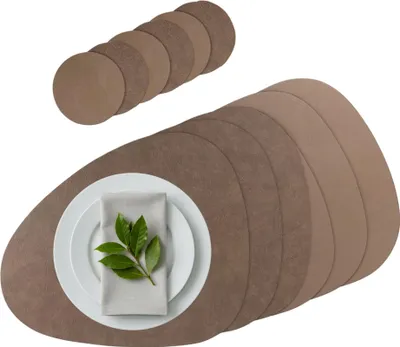 Produktbild von Platzset 6er Set, 2in1 Wende-Tischunterlage Kunstleder oval, Platzdeckchen 40x31cm Nierenform (taupe)