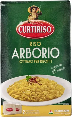 A box of Arborio rice with an image of prepared risotto.