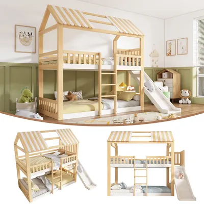 Produktbild von Etagenbett 90x200 cm Hausbett mit Rutsche & Regal Kiefernholz Kinderbett Hochbett Stabil Weiß Natur (Ohne Matratze)